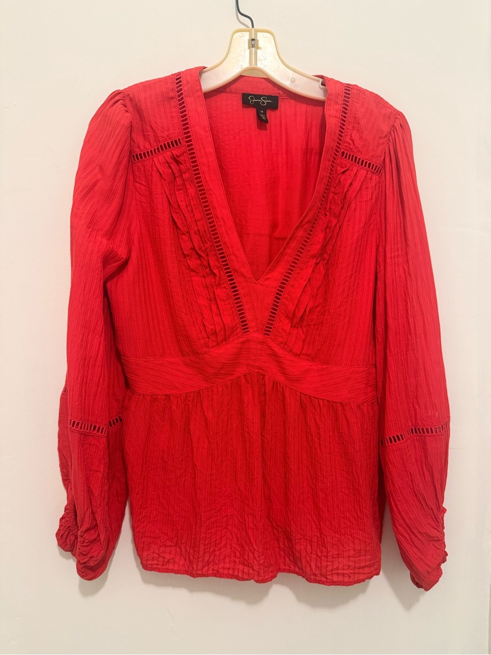Jessica Simpson M Coral Red Briar V-Neck Lace cut Peasant top Blouse - Boho